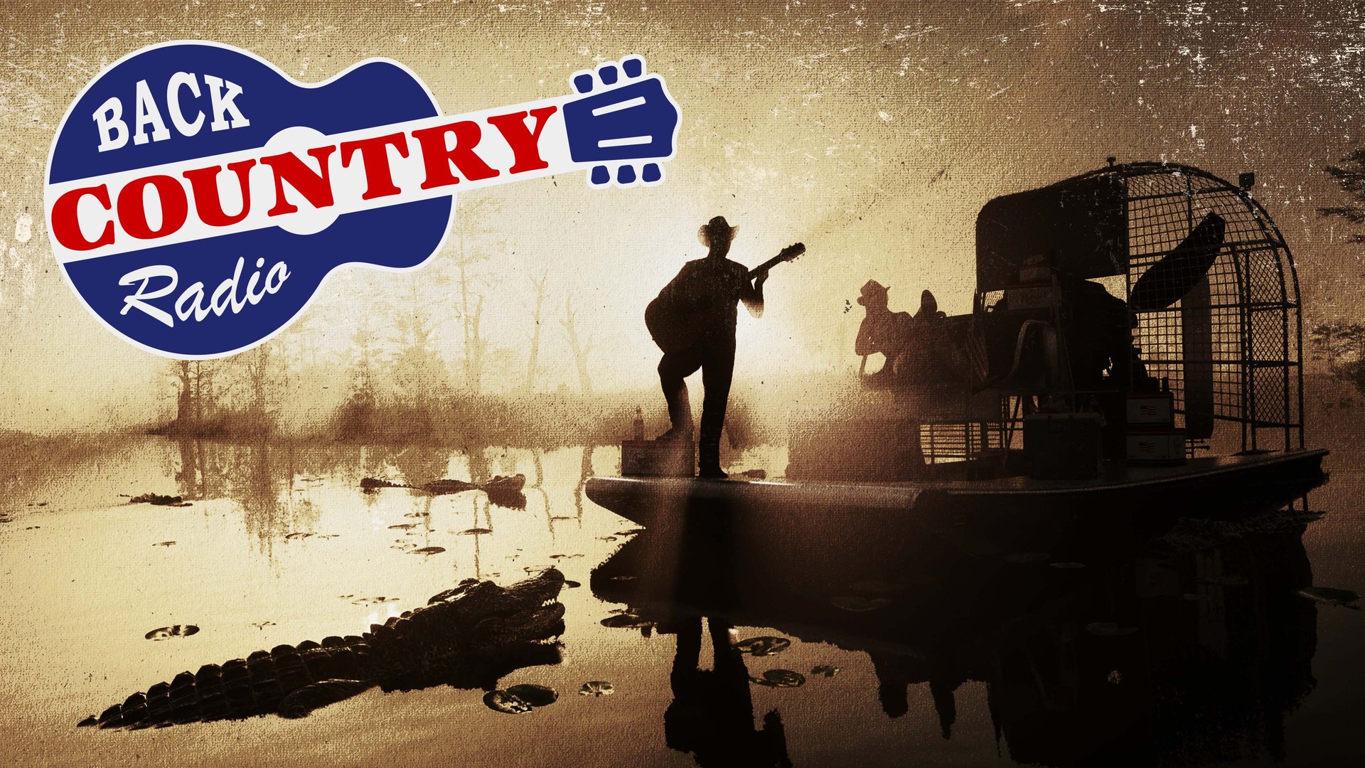 Back Country Radio artwork: a cowboy playing guitar in silhouette on an airboat in a misty swamp, with an alligator in the water and the station's guitar-shaped logo.