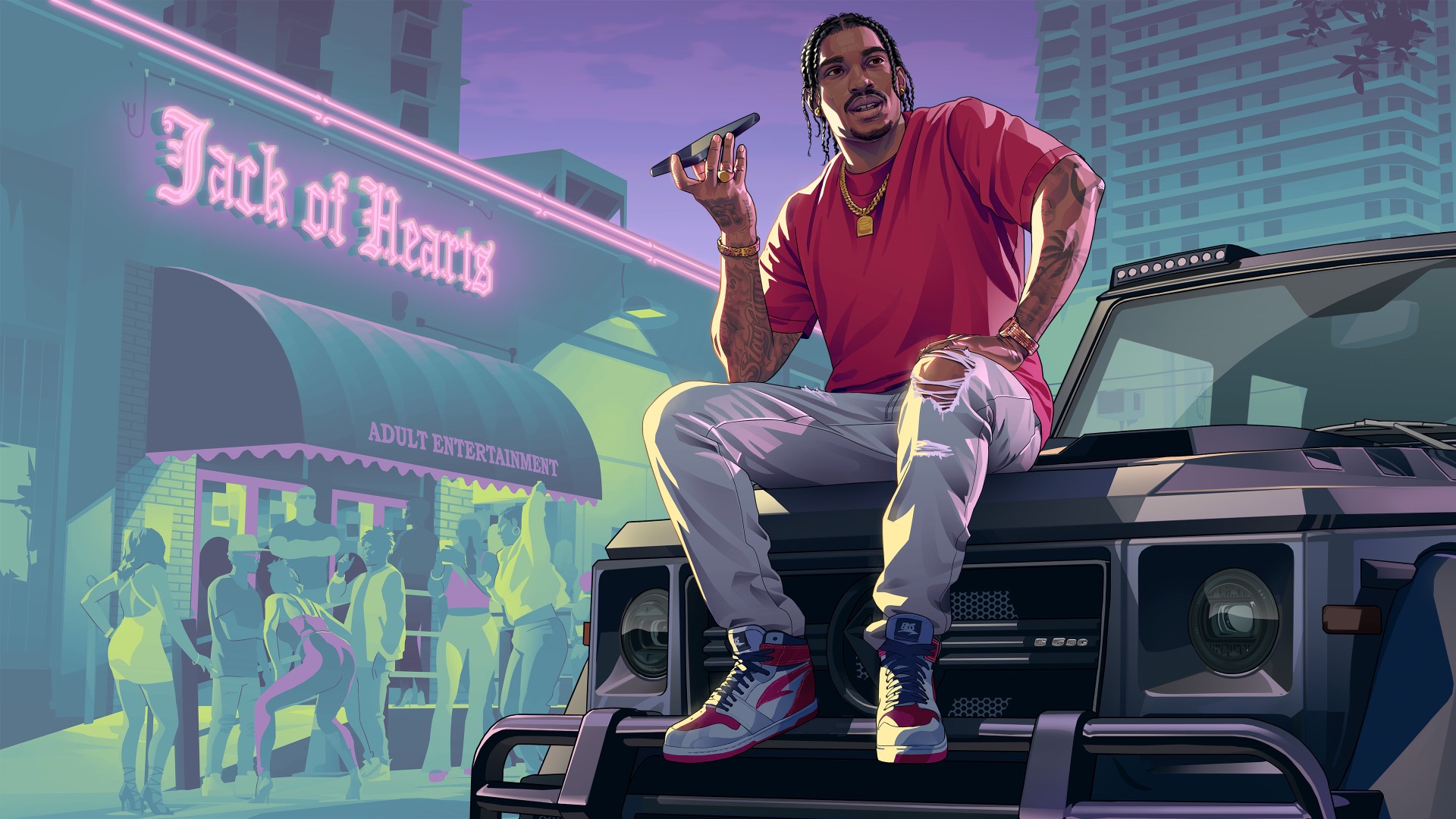 Official artwork of Dre'Quan Priest in a pink shirt, sitting on the hood of a black SUV outside a club called Jack of Hearts.