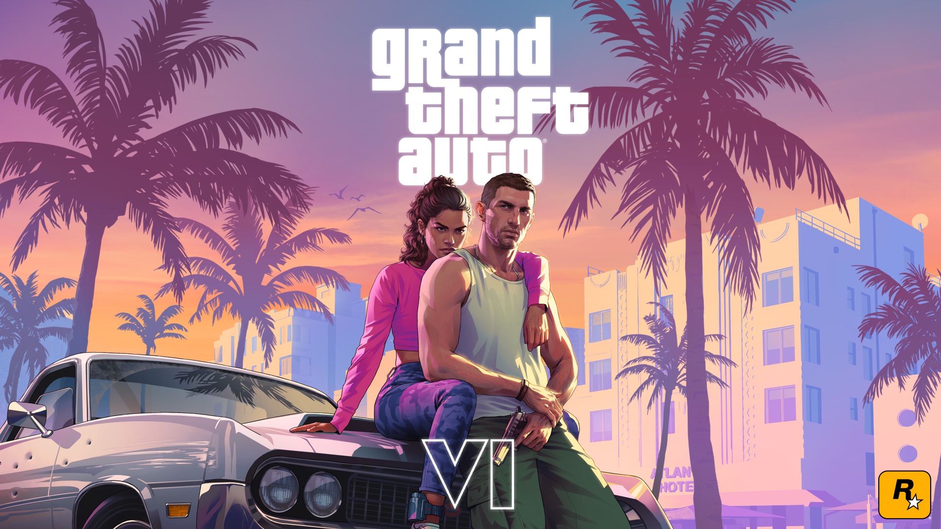 Official Grand Theft Auto VI key art: Lucia sits on the hood of a silver car with her arm around Jason, under palm trees and pastel Vice City buildings at sunset, with the GTA VI logo above them.