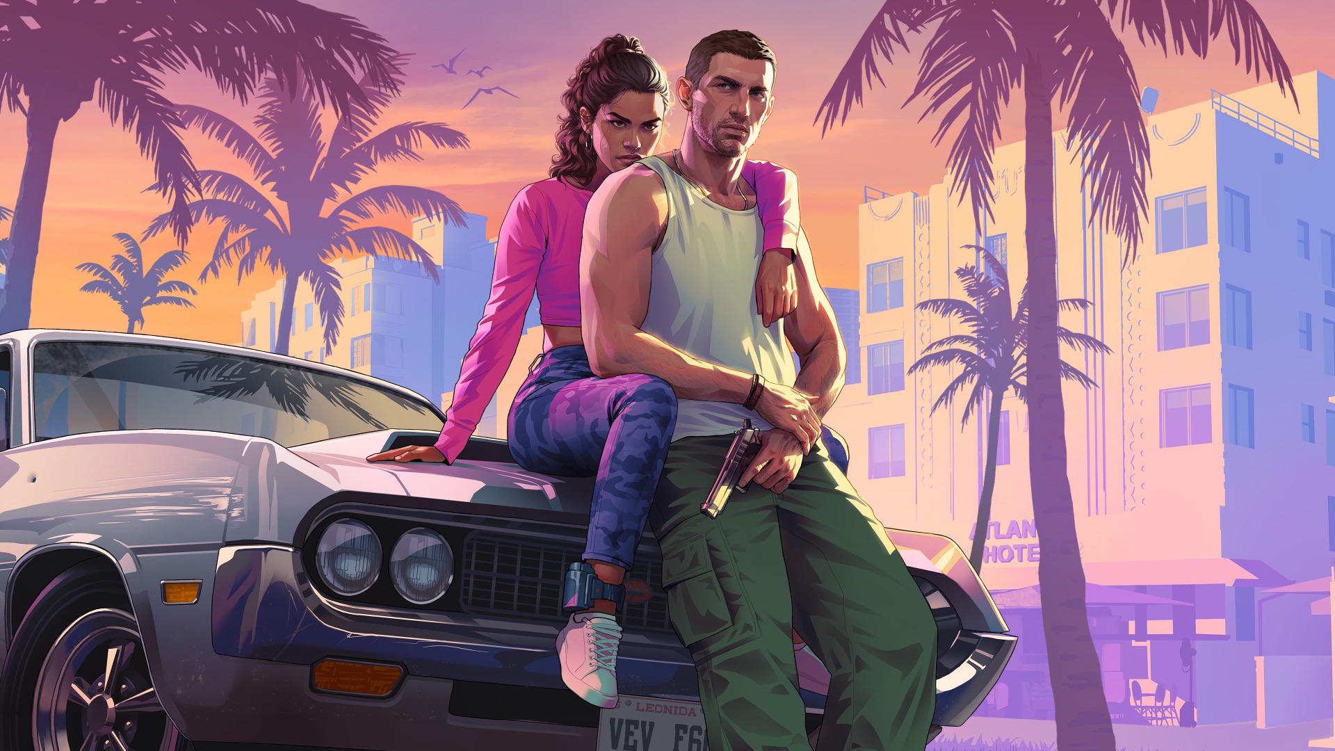 Official artwork of Lucia sitting on the hood of a silver muscle car while Jason leans against it holding a pistol, with palm trees and pastel art deco hotels behind them at sunset.