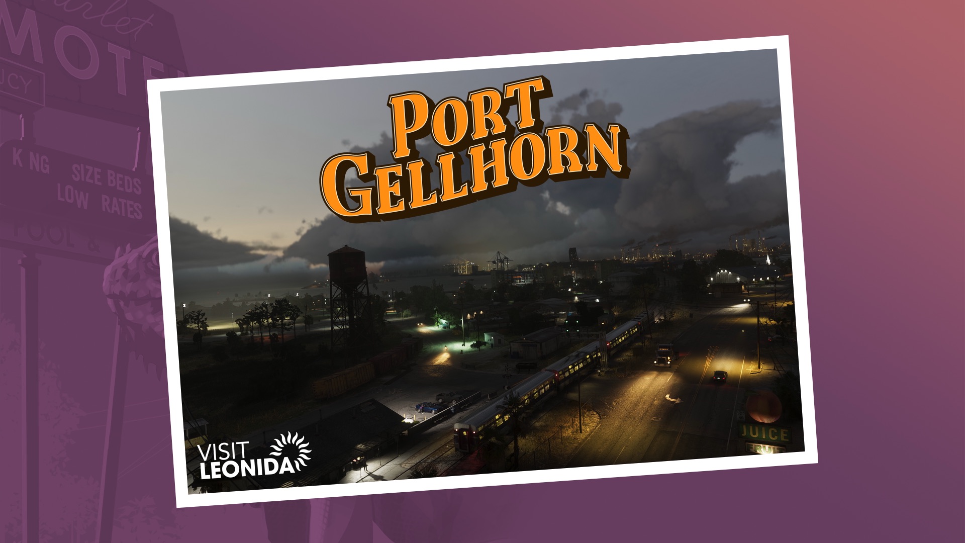Official Port Gellhorn postcard showing a low-rise town at dusk with a water tower, streetlights and a train passing through.