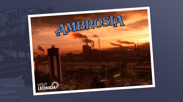 Official Visit Leonida postcard of Ambrosia: refinery smokestacks against an orange sky, with a tall tank painted in stars and stripes.