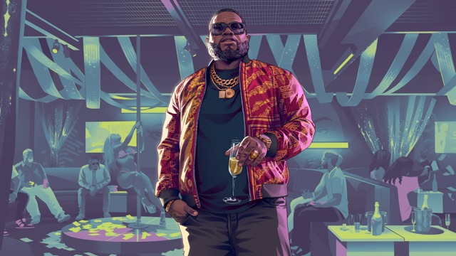 Official artwork of Boobie Ike in a patterned jacket and gold chain, holding a champagne glass in a club, with people seated behind him.