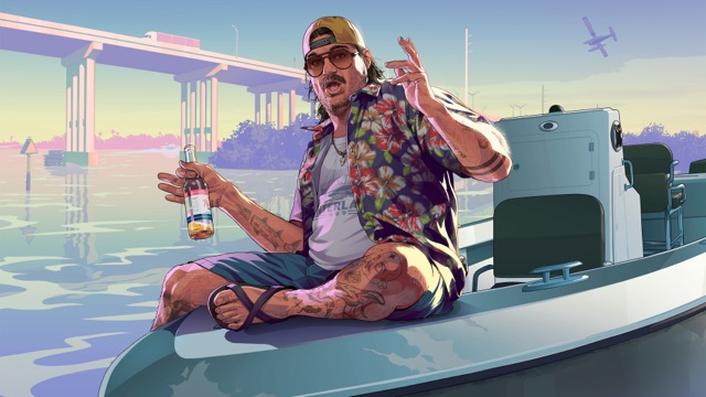 Official artwork of Cal Hampton in a cap, sunglasses and a patterned shirt, sitting on the bow of a boat with a beer under a highway bridge.