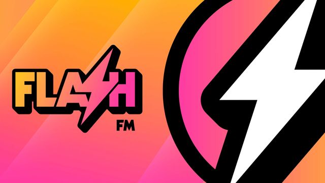 Flash FM artwork: the station's logo, with a lightning bolt for the S, beside a giant lightning-bolt emblem on an orange and pink background.