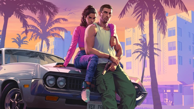 Official artwork of Lucia sitting on the hood of a silver muscle car while Jason leans against it holding a pistol, with palm trees and pastel art deco hotels behind them at sunset.