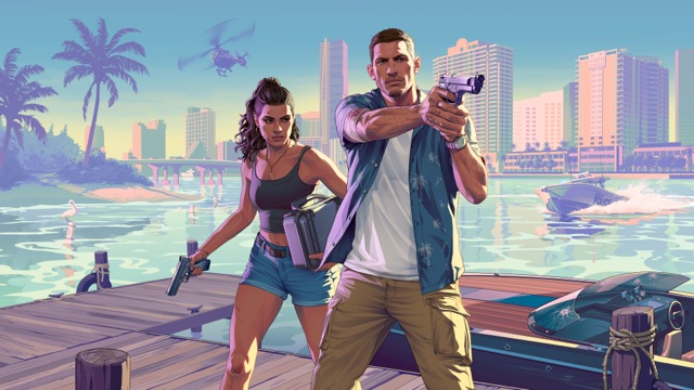 Illustration of Jason and Lucia on a wooden dock with pistols drawn, Lucia carrying a case, with a speedboat, a helicopter and a waterfront skyline behind them.
