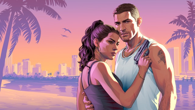 Illustration of Lucia leaning against Jason on a beach at dusk, Jason holding a pistol against his chest, with palm trees and a city skyline behind them.