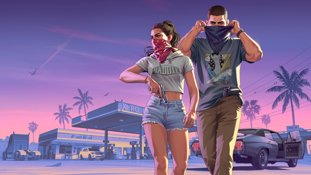 Lucia and Jason pull bandanas over their faces outside a gas station at dusk, Lucia drawing a pistol from her waistband, with palm trees and a muscle car behind them.