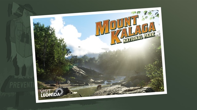 Official Visit Leonida postcard of Mount Kalaga National Park: sunlight through a forest over a rocky river, with deer at the water's edge.