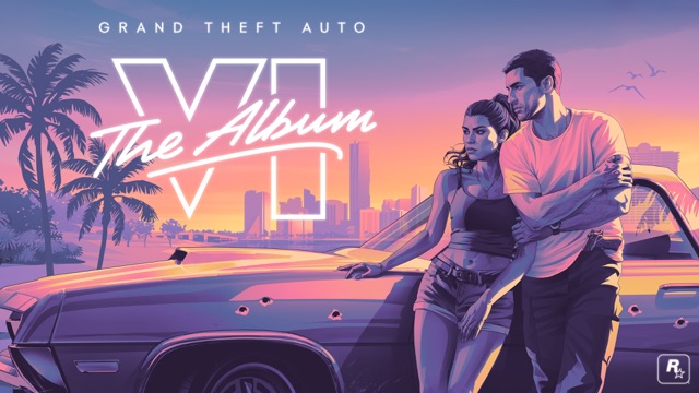 Cover art for Grand Theft Auto VI: The Album, showing Jason and Lucia leaning on a bullet-marked car at dusk beside palm trees and a city skyline, with the album logo on the left.