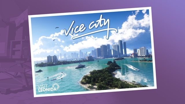 Official Vice City postcard showing an aerial view of turquoise water, speedboats and a downtown skyline, with Vice City written in script and a Visit Leonida logo.