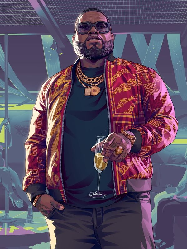 Official artwork of Boobie Ike in a patterned jacket and gold chain, holding a champagne glass in a club, with people seated behind him.