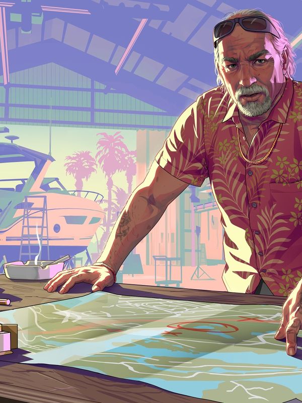 Official artwork of Brian Heder, a grey-haired man in a tropical shirt, leaning over a table with a map, a knife, beer bottles and cash.