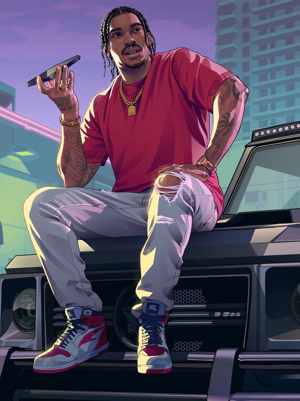 Official artwork of Dre'Quan Priest in a pink shirt, sitting on the hood of a black SUV outside a club called Jack of Hearts.
