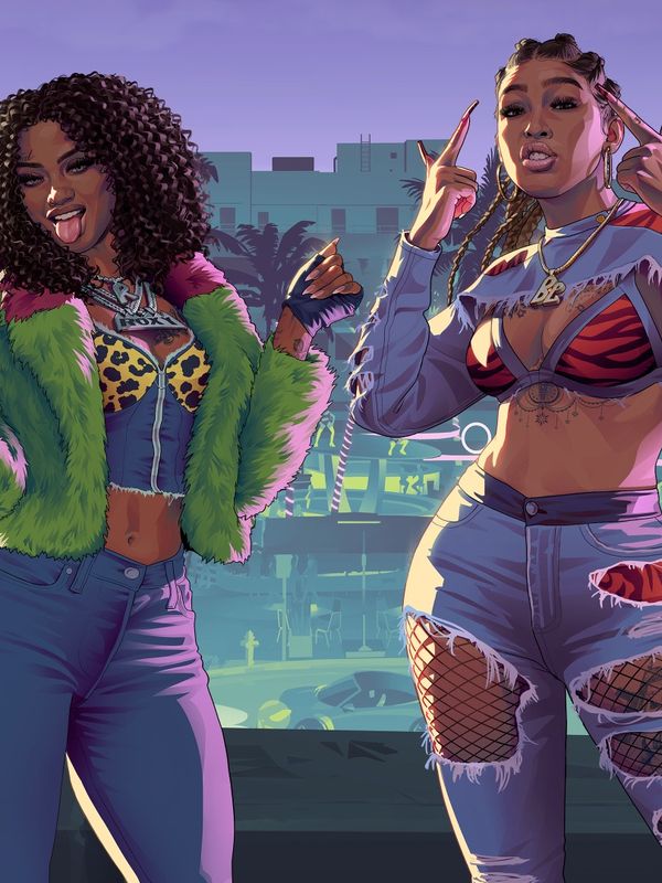Official artwork of Real Dimez, two women posing in streetwear in front of an art deco hotel, one in a green fur jacket.