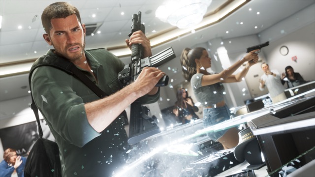 Jason, gripping a rifle, smashes a glass display case in a jewelry store as Lucia aims a pistol at a man with his hands up and customers cower behind the counters.