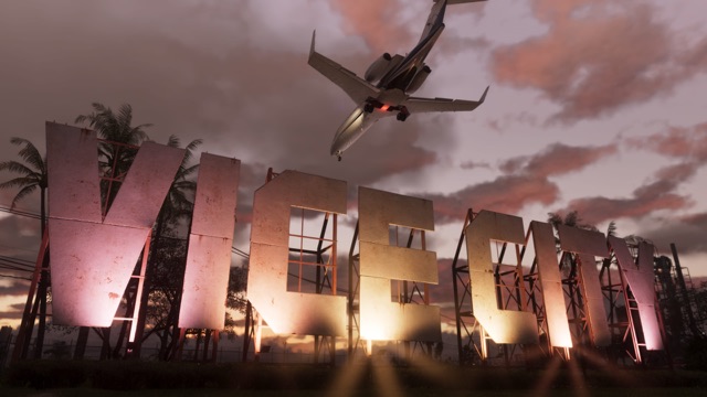 A small jet flies low over a giant Vice City letter sign at sunset, with palm trees behind the letters.
